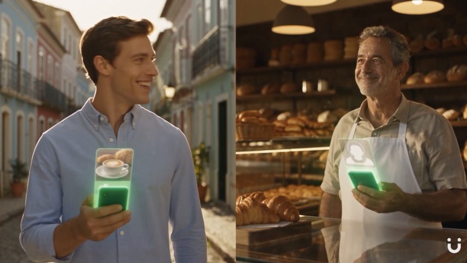 De um lado, um cliente com o vale do café e do pão no celular; do outro, o padeiro com o mesmo vale no balcão
